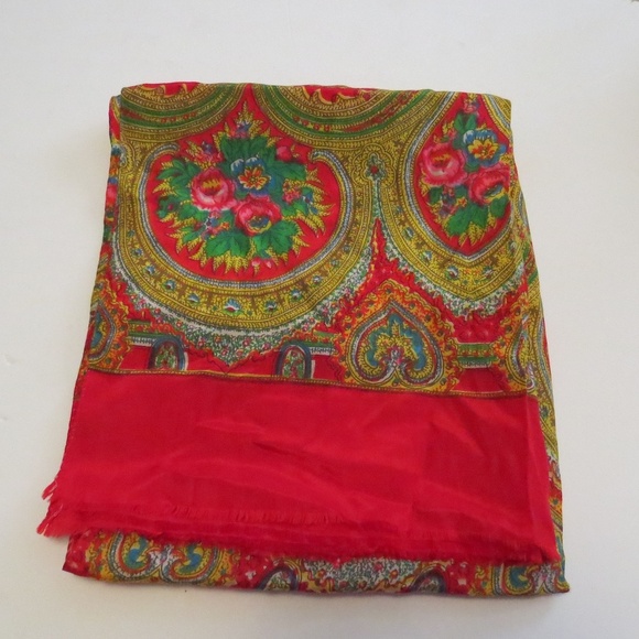 Vintage Silk Scarf Hand Rolled Edges Red Paisley